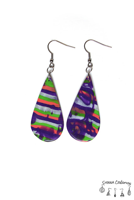 Boucles d'oreilles pâte polymère rayures violet vert corail argent Cernit Fimo Stenna Création