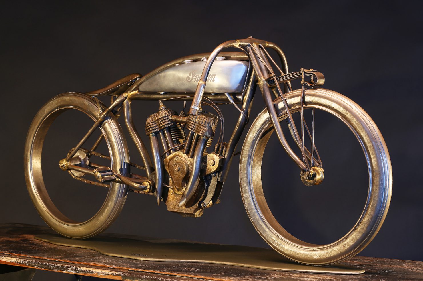 Just A Car Guy Indian board track motorcycle sculpture by Serge Bueno