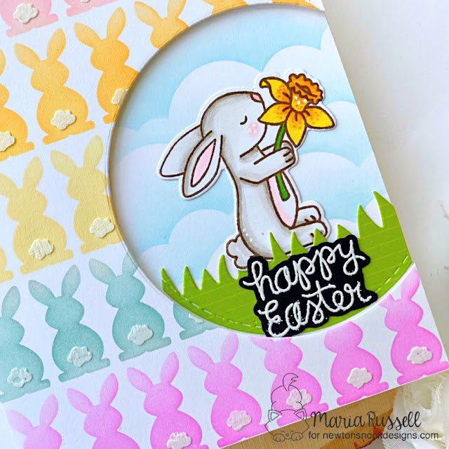 Colorful Easter Bunnies Card by Maria Russell | Hop Into Spring Stamp Set, Bunny Tails Stencil Set, Clouds Stencil, Circle Frames Die Set and Land Borders Die Set by Newton's Nook Designs #newtonsnook #handmade