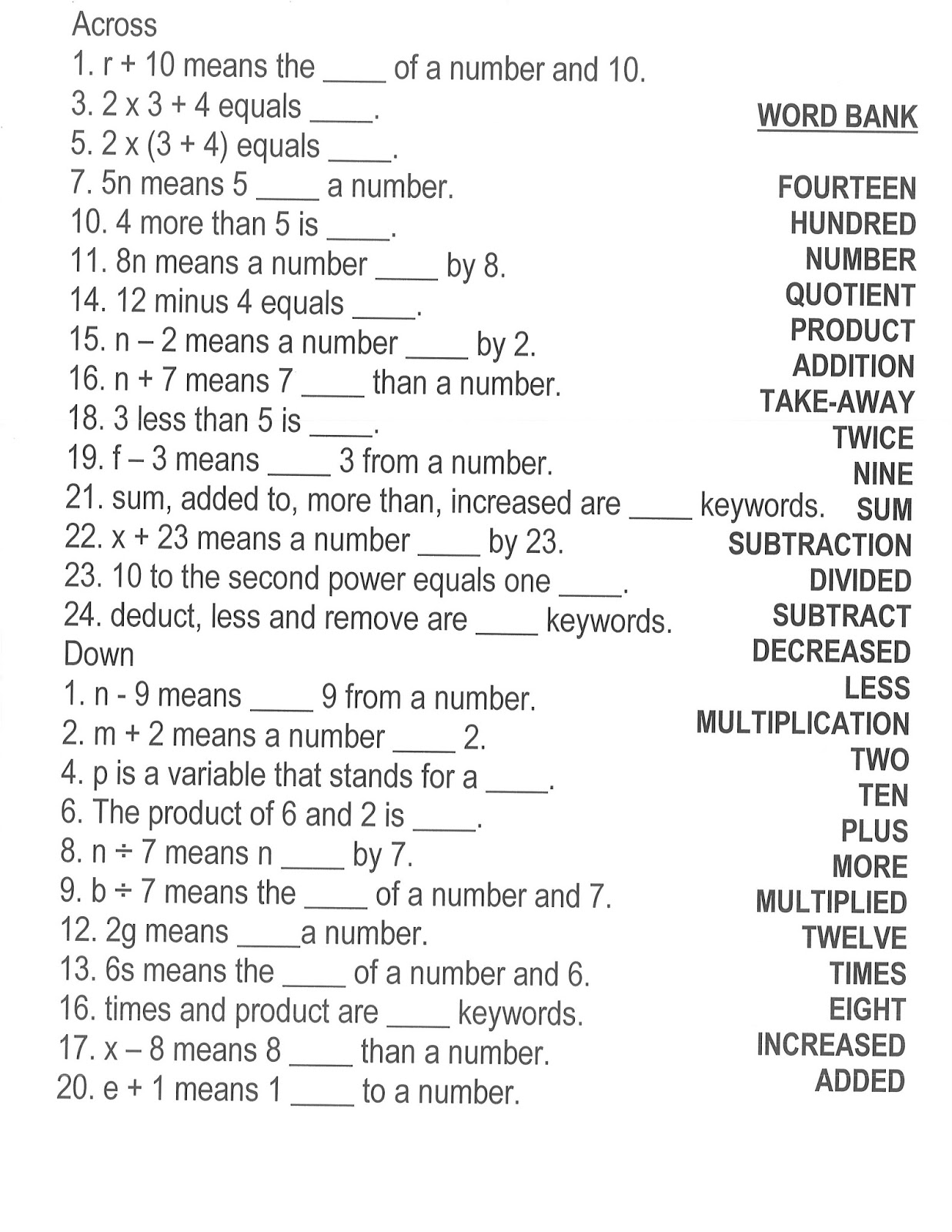 Printables. Translate Algebraic Expressions Worksheet. Messygracebook