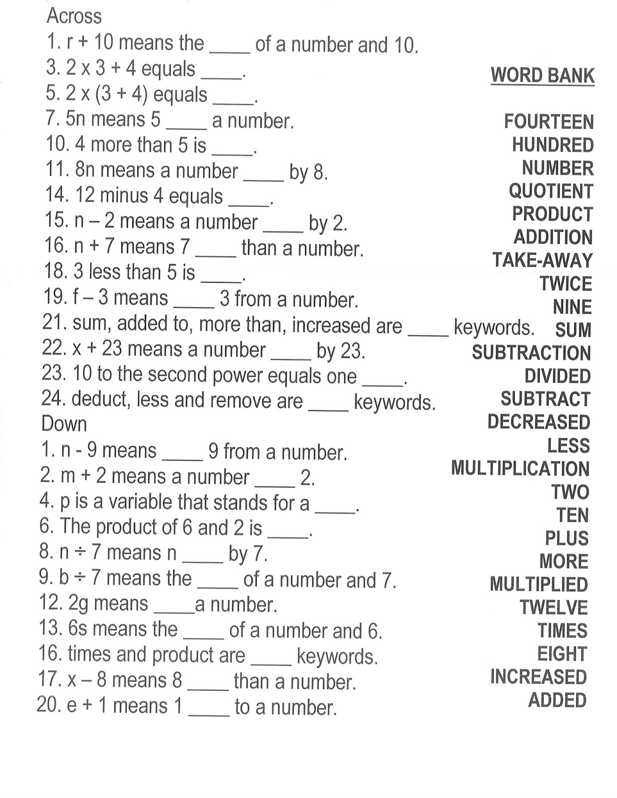 Translating Verbal Phrases To Algebraic Expressions Worksheet