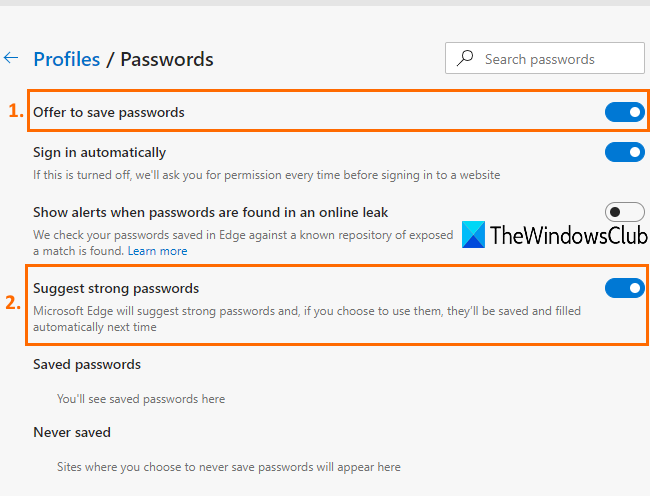 attiva suggerisci password complesse