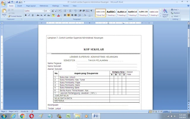 Contoh Lembar Supervisi Administrasi Keuangan Sekolah