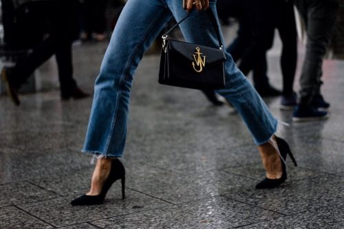 JW Anderson Bag, Frayed Hem Jeans, Black Pumps