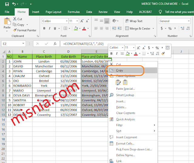 copying text in excel