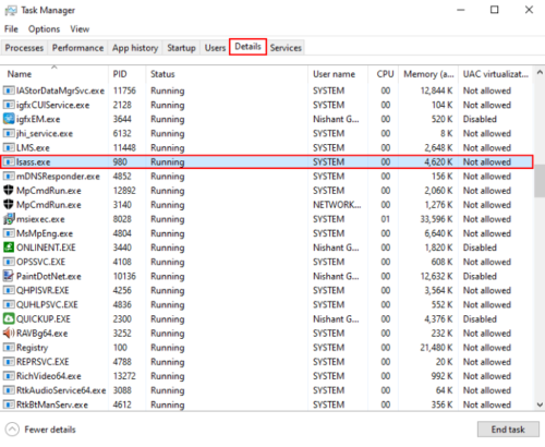 Processo Lsass.exe in Windows 10