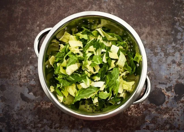 Step 6 - spring cabbage (in colander, chopped and rinsed)