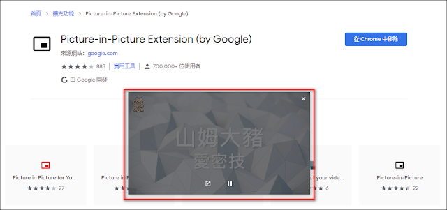 Picture-in-Picture Extension (by Google)：訓練一心多用的影片觀看模式（Chrome / Edge 擴充功能）