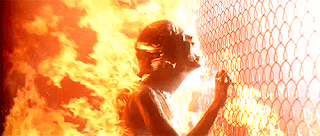 Never touch metal that's been in direct sunlight. Moving image of a side view of a woman on pulling on a fence. Both are on fire.