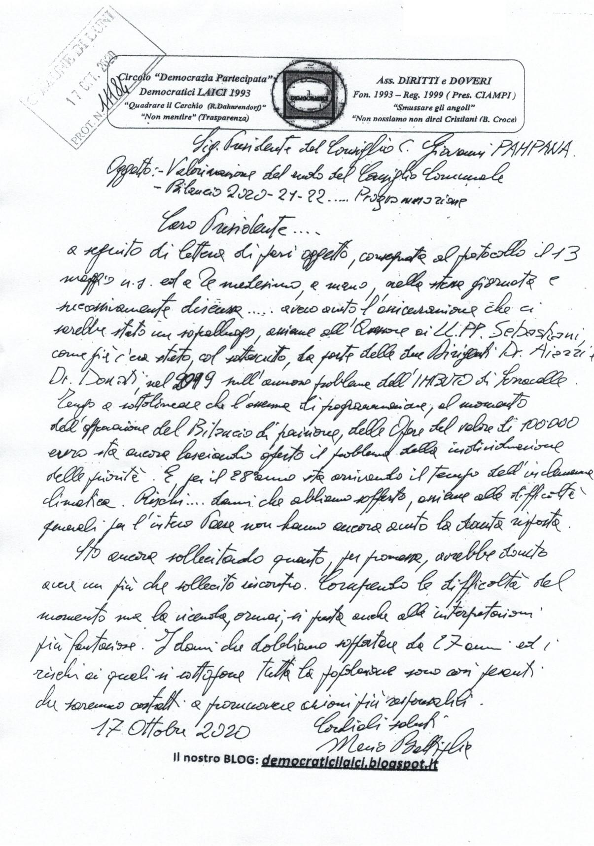 democraticiLAICI Lettera al Sig. Presidente del Consiglio Giovanni PAMPANA democraticiLAICI Lettera al Sig. Presidente del Consiglio Giovanni PAMPANA