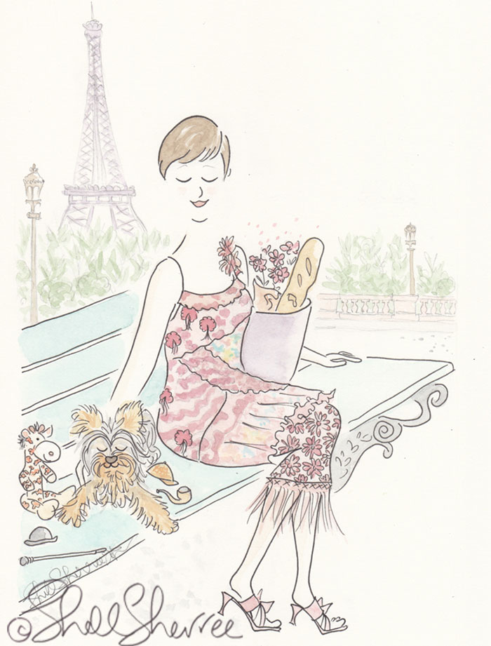 Pet and custom fashion illustration in Paris: Sherlock, Mr Giraffe and Mum with the Eiffel Tower © Shell Sherree Pet and custom fashion illustration in Paris: Sherlock, Mr Giraffe and Mum with the Eiffel Tower © Shell Sherree