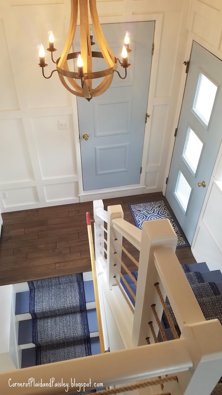 Before and After of our Lake House Stairs and Landing Corner of Plaid