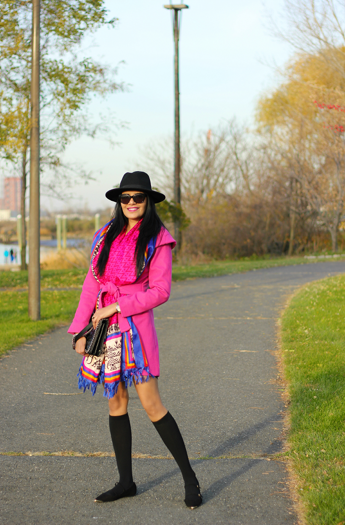 Pink wrap coat, Hot Pink Wrap coat, Pink wrap belted coat, Oversized Scarf Outfits, Wrap collar coat, Knee high socks for boots