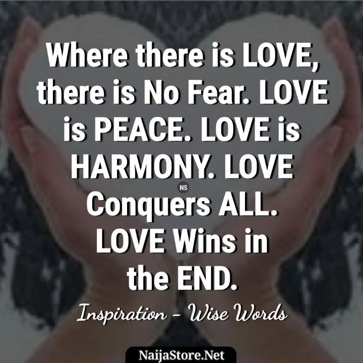 Wise Words: Where there is LOVE, there is No Fear. Love is PEACE. Love is HARMONY. Love Conquers ALL. LOVE Wins in the END - Inspirational Quotes