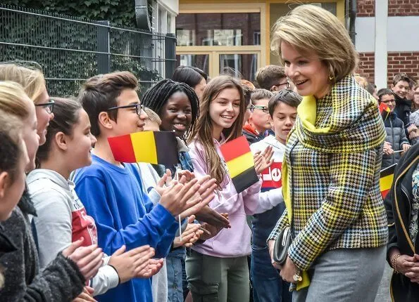 Queen Mathilde wore a new plaid multicolor coat by Natan. Natan coat from Fall/Winter 2019 collection