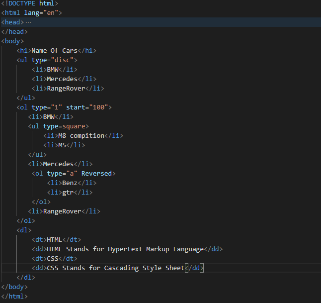Type of lists in html and its attributes image.