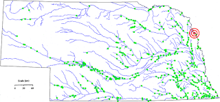 Figure illustrating the river system of Nebraska. At top right a single position is indicated by concentric red circles.