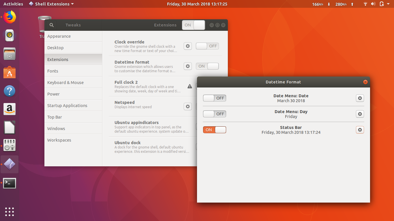 Show Full Clock on Ubuntu 17.10 and 18.04