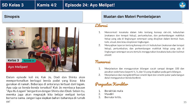 Panduan Belajar Dari Rumah Minggu Ke 5 (BDR) 1 - 5 Januari 2021 Di Televisi Republik Indonesia (TVRI) Untuk Jenjang Pendidikan PAUD Dan Sekolah Dasar (SD)