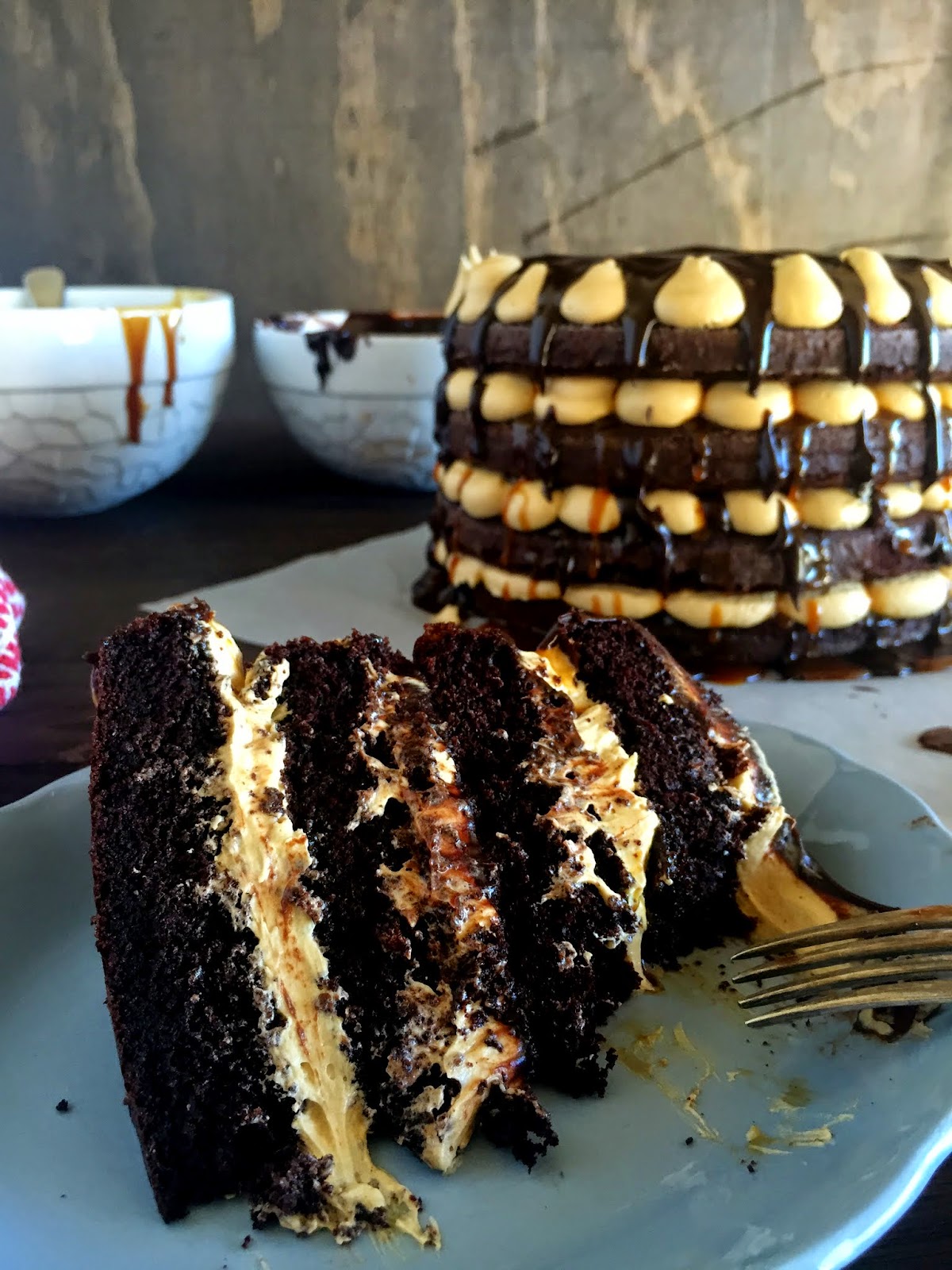 Chocolate Fudge Cake with Salted Caramel Buttercream, Salted Caramel and Dark Chocolate Ganache