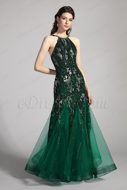 halter green prom dress with lace embroidery