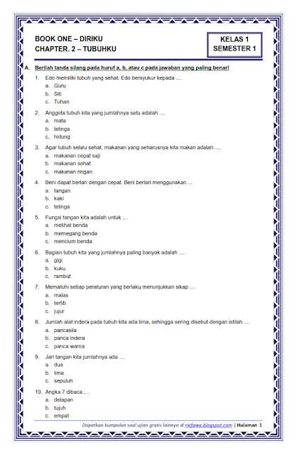 Download Soal Kelas 1 Semester 1 Tema 1 Subtema 2 - Diriku : Tubuhku