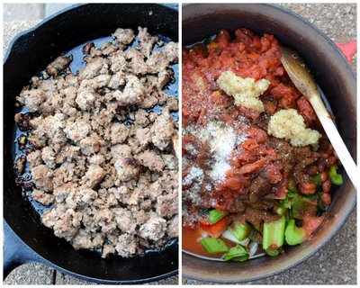 Crockpot Chili with Spicy Sausage ♥ KitchenParade.com, just cook ground beef and spicy sausage, then dump it all into a slow cooker or Dutch oven for slow cooking in the oven or on the stove. Meaty and man-friendly!