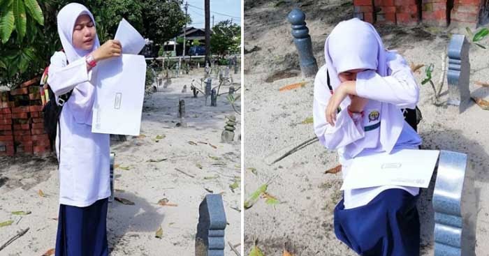 Viral Foto Siswi Baca Hasil Ujian di Makam Ibunya sambil ...