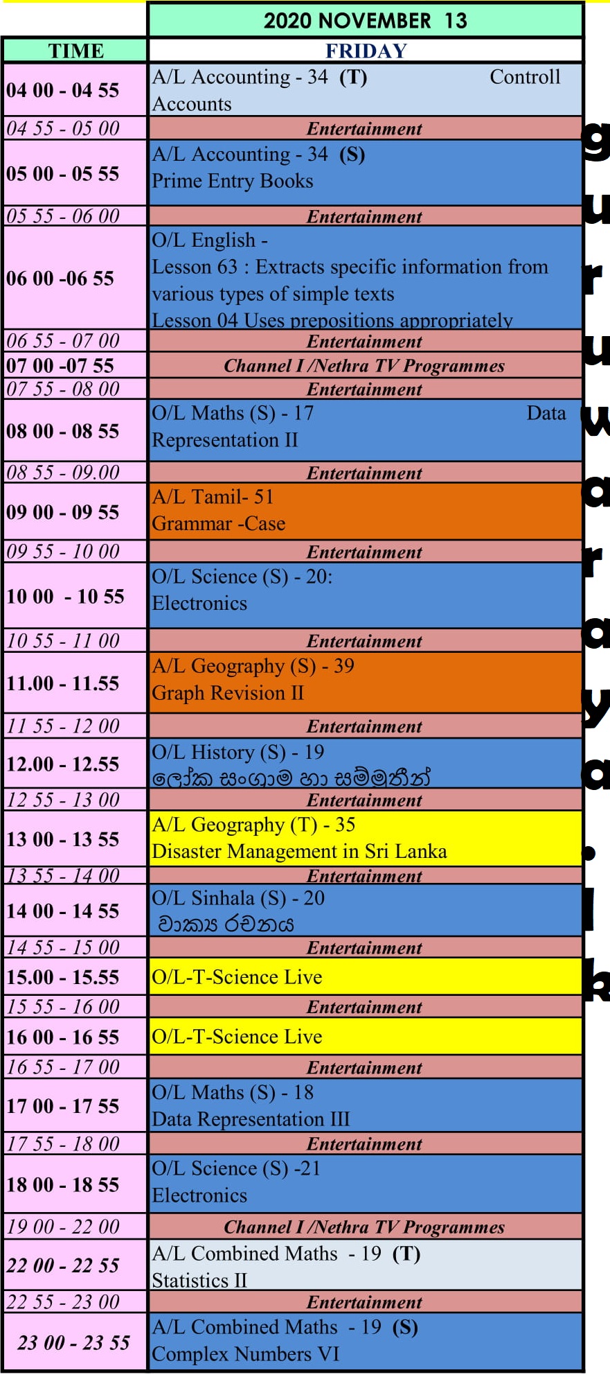 Guru Gedara TV Class Time Table (Nov 09 15) Teacher
