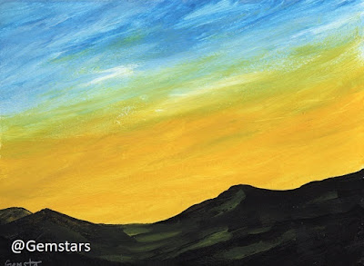 Brilliant Yellow Sunrise on Dark Mountains acrylic 2020
