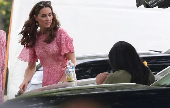 Kate Middleton in LK Bennett Madison dress, Castaner wedges. Prince George, Princess Charlotte. Meghan Markle