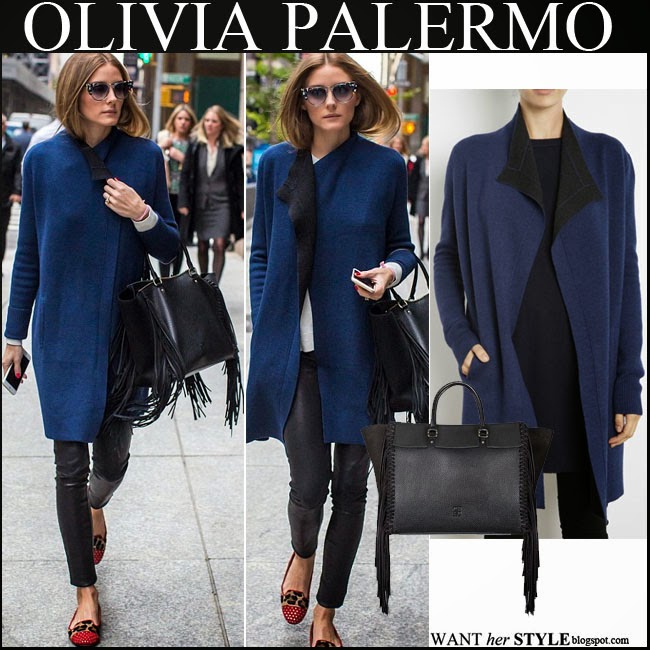 WHAT SHE WORE: Olivia Palermo in blue wool coat with leather leggings ...