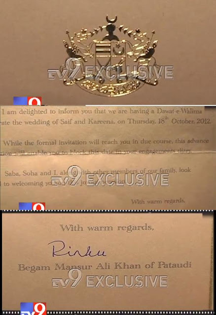 Kareena with Saif's wedding reception invitation card