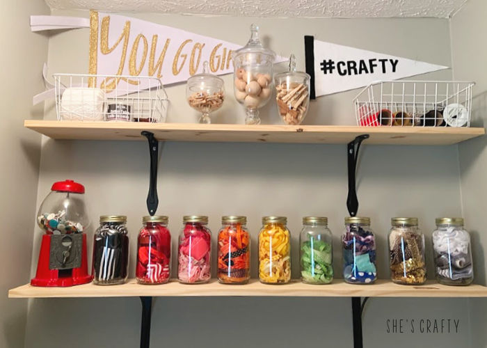 6 essentials to have in any craft room- shelves on the wall for storage