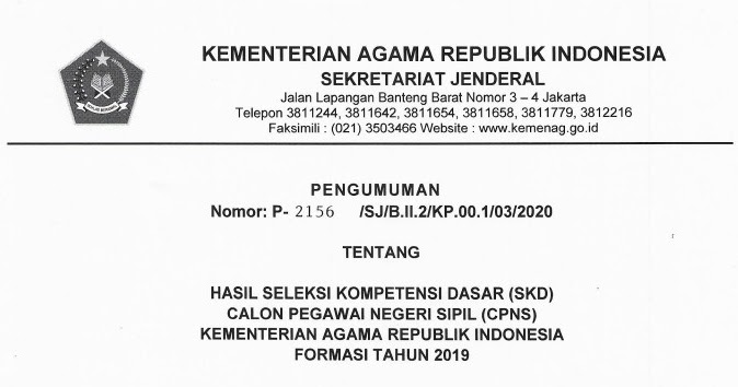 Kemenag Hasil Tes Skd Cpns 2019 Peserta Lolos Ke Tahap Skb