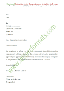 Intimation Letter for Appointment of Auditor Draft of Intimation Letter for Appointment of Auditor for 5 years