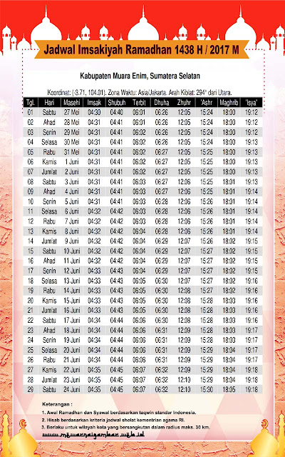 Jadwal Imsakiyah Ramadhan Muara Enim 2017 M 1438 H | Mewarnai Gambar