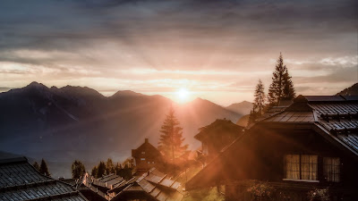 Mountain, Dawn, Sunlight, Village, Houses, Tree