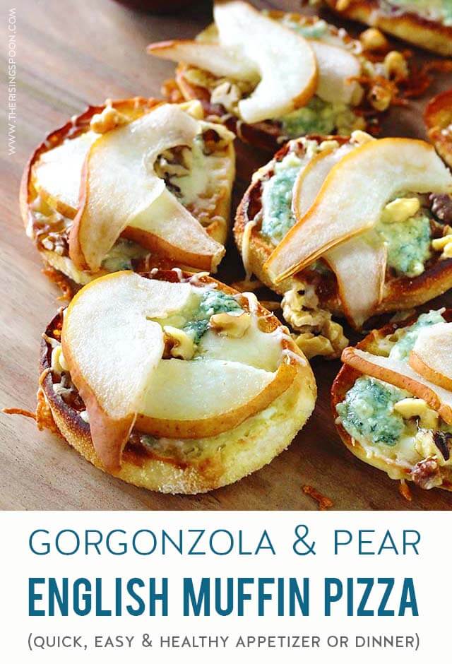 Looking for quick & easy appetizers to serve at holiday parties during the cooler months? Bake a batch of these simple, yet elegant Gorgonzola Pear English Muffin Pizzas in only 20 minutes from start to finish. Impress your guests with the seasonal flavors of fall & winter without all the hard work!