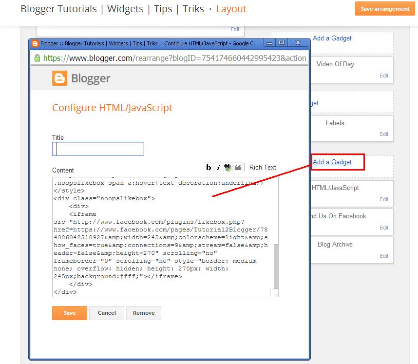 Add Facebook Likebox in Sidebar Blogger Tutorials Widgets Tips