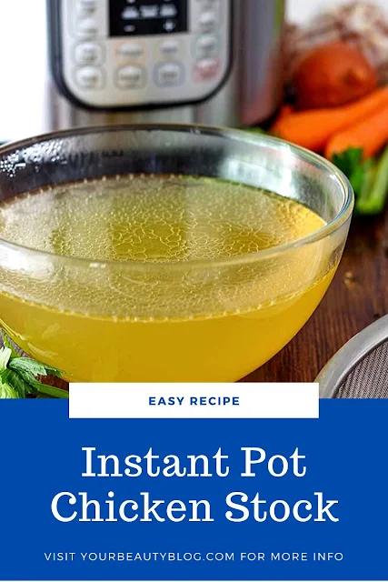 How to make DIY Instant Pot chicken broth (chicken stock or bone broth).  This is made with a rotisserie chicken or a whole chicken carcass and vegetables and herbs and spices. Pressure cooking gives this a rich flavor.  This is a healthy recipe with no added salt or preservatives. It's ready in an hour with the instapot. Preserve the broth with canning or freezing. Use this easy homemade broth for soup or cooking or other uses. #instantpot #chickenbroth