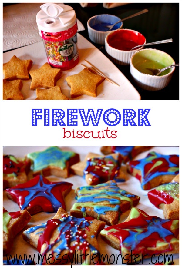 Easy baking for kids- firework biscuits made using a simple biscuit recipe decorated using coloured icing and sprinkles. Great for toddlers and preschoolers as well as older kids. a fun bonfire night, new years eve or birthday baking activity idea. 