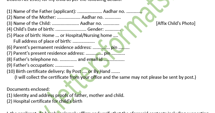 application letter format for name correction in birth certificate