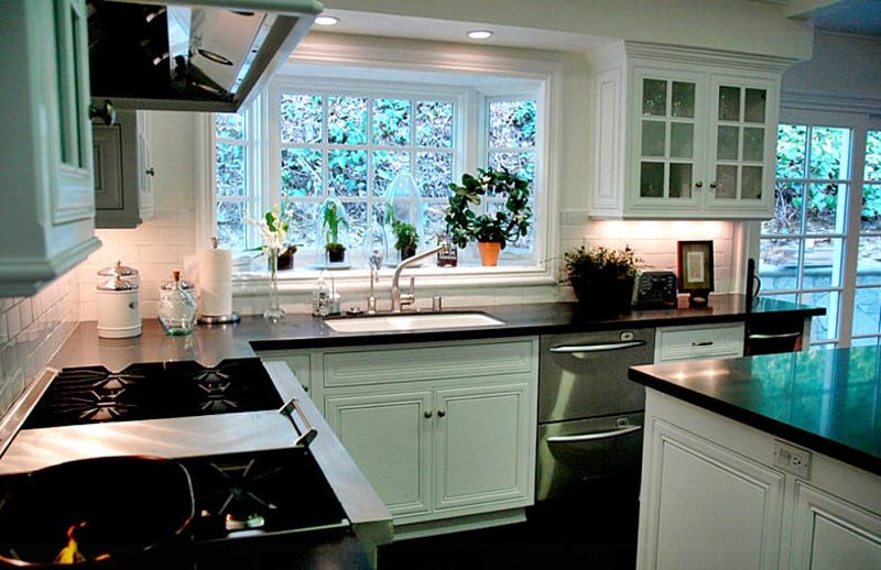 kitchen sink with planters around window