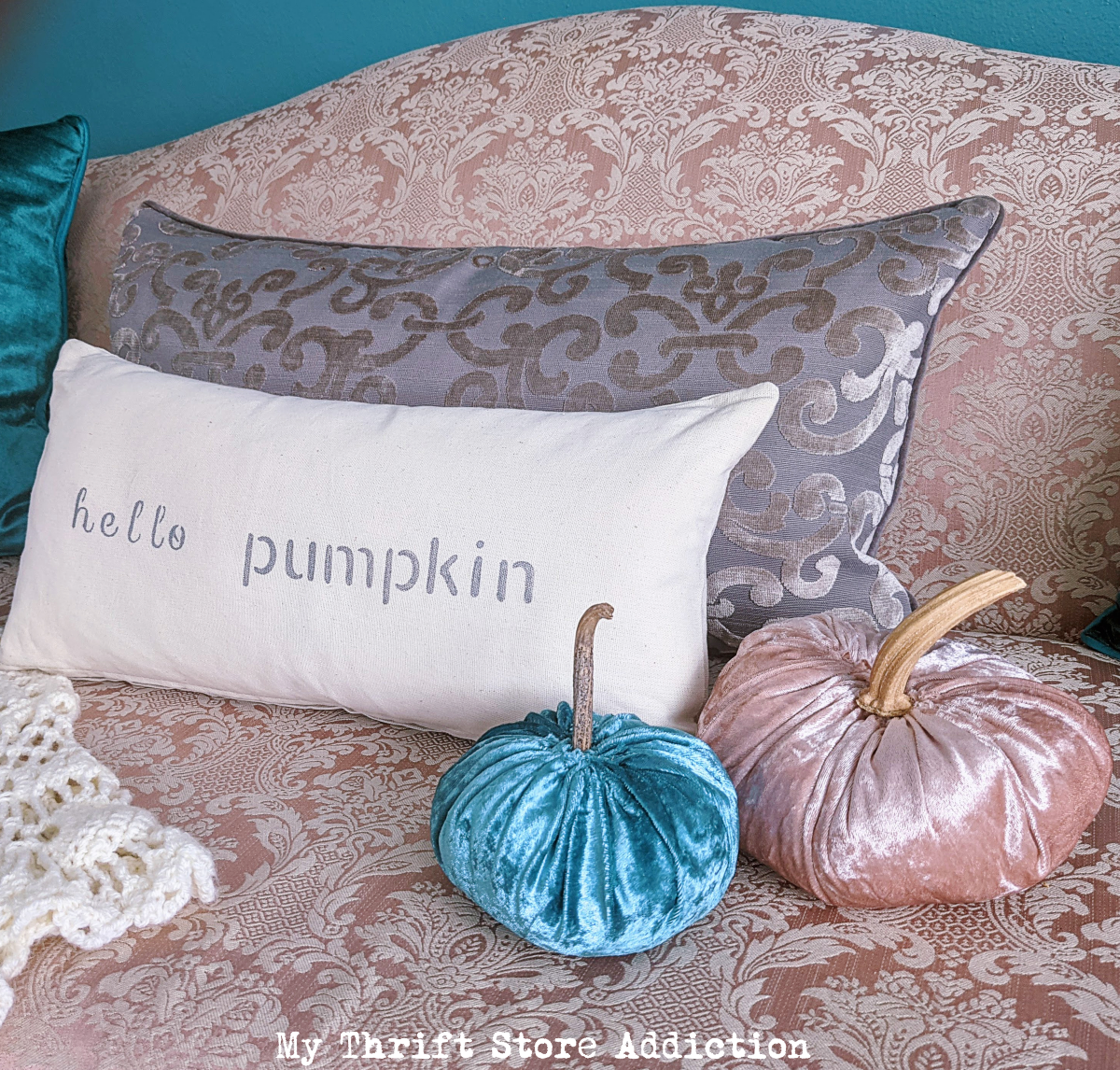 Velvet pumpkins and cozy fall decor