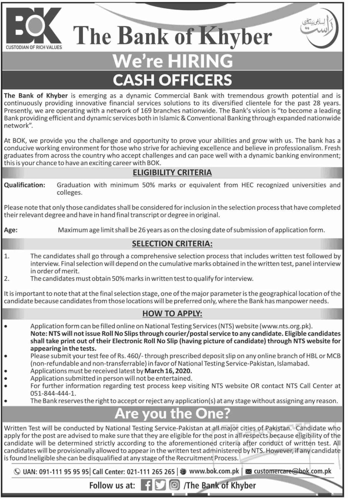 Cash Officer Jobs for All Cities in Pakistan in The Bank of Khyber BOK