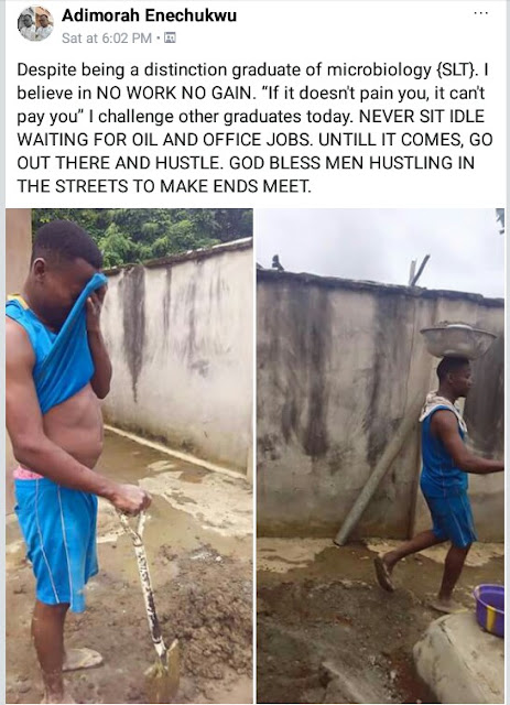 Photos of unemployed Nigerian graduate working as a bricklayer