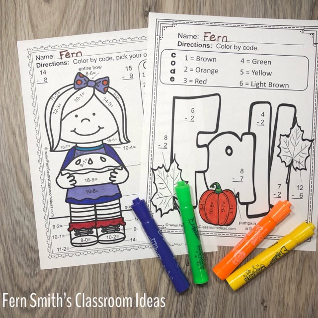 ** BEST SELLER ** You will love the ease of these Ten Adorable Fall Themed Color by Number Addition and Subtraction for Fall and Autumn Resource. Your students will adore these TEN Fall Color By Number Worksheets while learning and reviewing important skills at the same time! You will love the no prep, print and go ease of these printables. As always, answer keys are included. 10 adorable Fall Themed Color by Code Addition and Subtraction for Fall and Autumn. #FernSmithsClassroomIdeas
