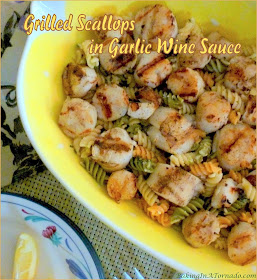 Grilled Scallops in Garlic Wine Sauce. Grilled (or pan seared) sea scallops are served over rotini tossed in a light sauce of wine and broth with garlic and green onions. | Recipe developed by www.BakingInATornado.com | #recipe #grilling