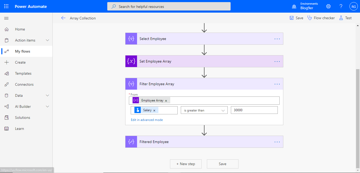 Filtering an array in Microsoft Flow.